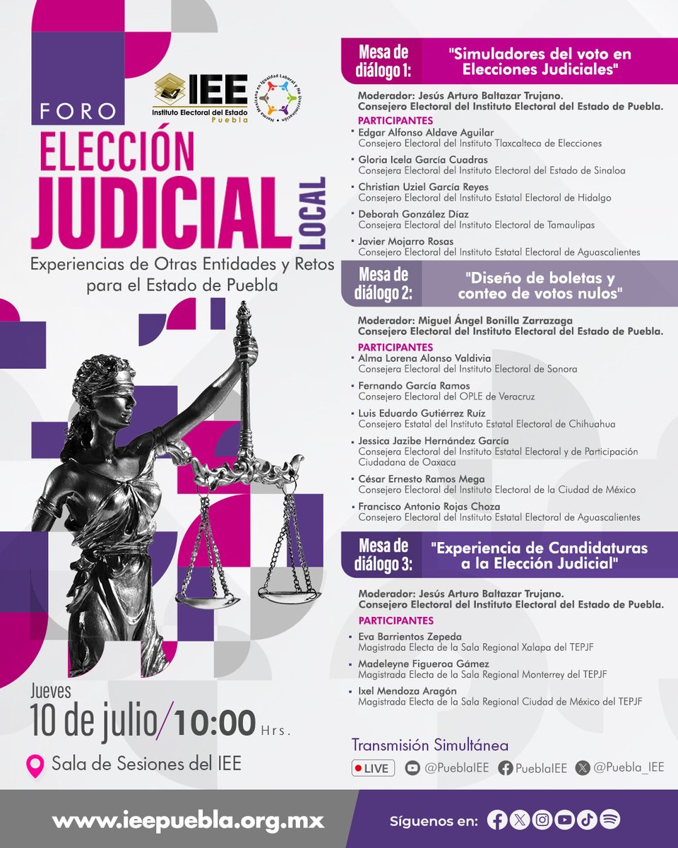 Fernando García Ramos (@garciaramos_fer) on Twitter photo Los invito a seguir la transmisión del Foro “Elección Judicial Local. Experiencias de otras entidades y retos para el Estado de Puebla” que organiza el <a href="/Puebla_IEE/">IEE Puebla</a> y en donde participaré en la mesa de diálogo “Diseño de boletas y votos nulos”
📅10 de julio
🕙10hrs Los invito a seguir la transmisión del Foro “Elección Judicial Local. Experiencias de otras entidades y retos para el Estado de Puebla” que organiza el <a href="/Puebla_IEE/">IEE Puebla</a> y en donde participaré en la mesa de diálogo “Diseño de boletas y votos nulos”
📅10 de julio
🕙10hrs