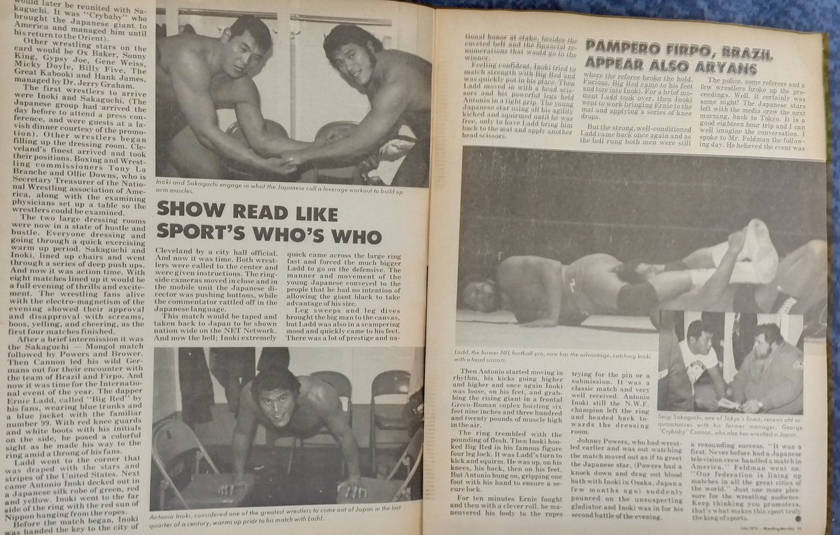※昭和49年3月下旬、アントニオ猪木、坂口征二らはNET（現テレビ朝日）の「ワールド・プロレスリング」スタッフらとアメリカ、オハイオ州クリーブランドに行った。猪木vsアーニー・ラッドのNWF 世界戦の収録のためだ。そんな彼らをアメリカの「レスリング・マンスリー」1974年7月号が取り上げた。