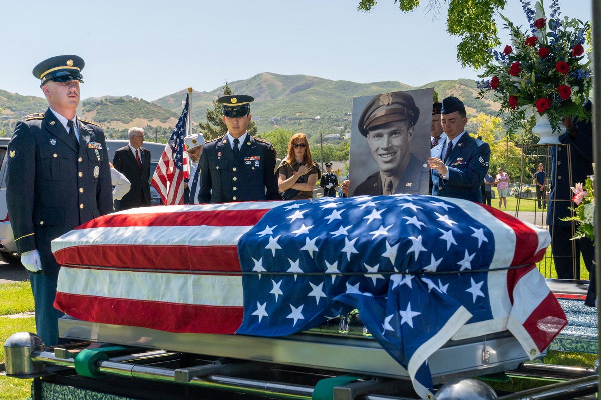 SenMikeLee's tweet photo. Lt. George Frank “Frankie” Wilson is an American hero.

In his final moments on July 8, 1944, Lt. Wilson went above and beyond the call of duty. 

Piloting his B-17 above Nazi-occupied France, two minutes away from a bomb drop to destroy a German arsenal of V-1 rockets, his aircraft sustained heavy damage and Lt. Wilson was critically injured. 

Finding that one of his crew members had lost his parachute, Lt. Wilson gave him his own, and told him to jump.

After keeping the aircraft steady long enough to ensure that all 8 members of his crew could bail out, he skillfully steered the plane, still full of bombs, away from a small French village.

No one knew where Lt. Wilson was until July 8th, 2018, when his remains were found. 

Today, on July 8th, 2025, Lt. Wilson was returned to rest in Bountiful, Utah. 

81 years to the day.

Welcome home, sir.