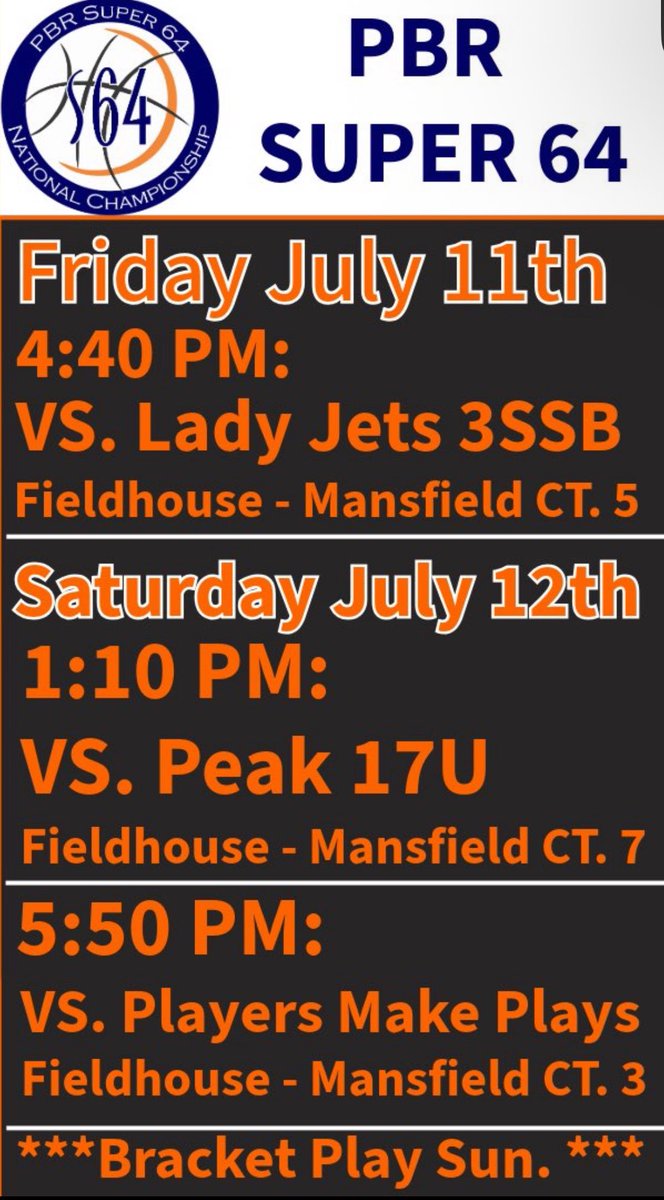 My schedule for this weekend for Super 64 in Dallas, TX‼️ Bracket play on Sunday. 
#LeaveItAllOnTheCourt14
<a href="/Fusionbball/">Team Fusion</a> <a href="/IFalk4/">Coach Falk</a> <a href="/jortega714/">Jess</a>