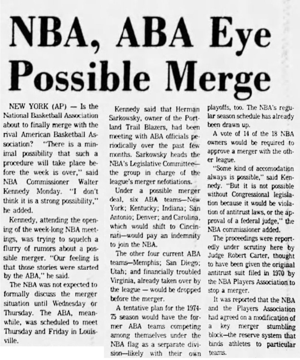 77Blazers's tweet photo. July 8 1974 - The @spurs owner #AngeloDrossos has offered $50K to the @trailblazers for an exhibition game in #SanAntonio, with a catch.
The #Blazers can only collect the money if they win the game.
Drossos made the offer after hearing that #Portland owner #HermanSarkowsky made a remark about the potential merger of six #ABA teams into the @NBA.
Sarkowsky is supposed have asked, "Why do we want San Antonio?" to join the older league. Sarkowsky heads the committee in charge of the potential merger.
In addition, #PearlBrewery, a sponsor of the #Spurs broadcasts, have offered an additional $10K to the pot. Pearl owner #LeeBirdsong noted that the population of "little" San Antonio is over 651K while Portland population is 380K.
The Blazers have not officially responded to the offer though Portland VP #HarryGlickman said the comments don't sound like something he (Sarkowsky) would say.
#RipCity #ThisDateinBlazersHistory #OTD