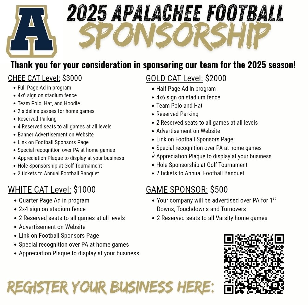 If you are interested in being a sponsor of Apalachee Football for the 2025 season, check this out! We've got lots of swag and perks for partnering with us! Register your business using the QR code and we will be in touch!