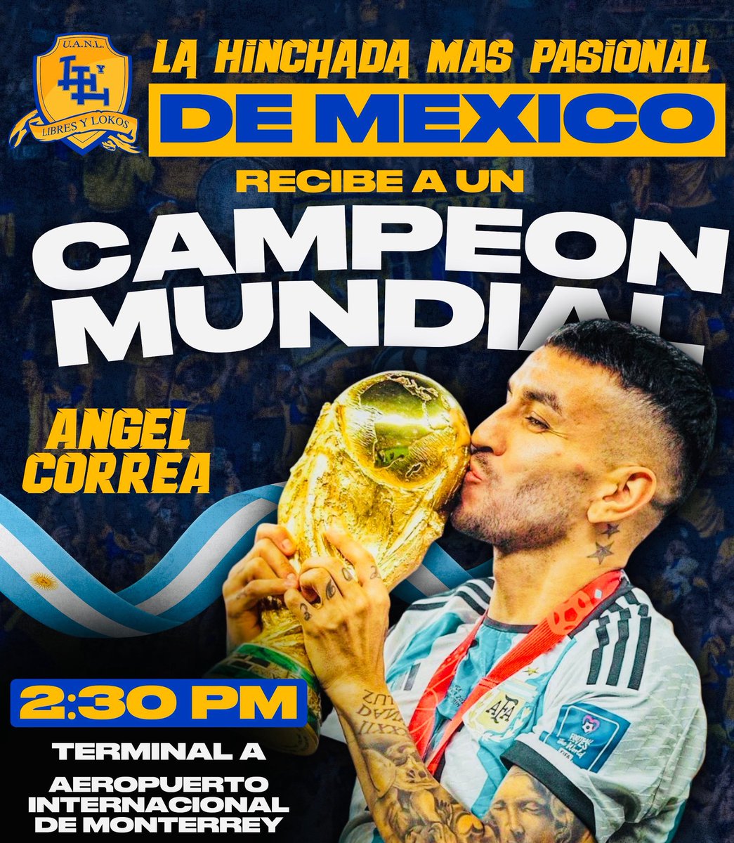 ¡Recibamos a un Campeón del Mundo! Ángel Correa llega a Tigres y La Hinchada Más Pasional está lista para darle la bienvenida.🇸🇪🐯