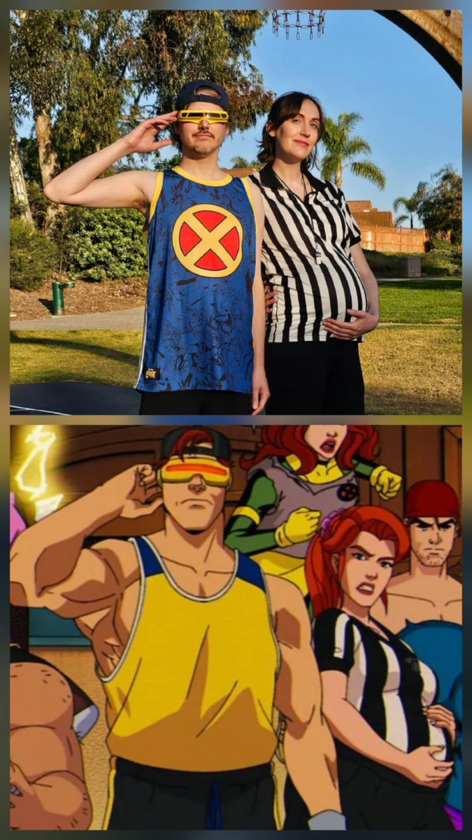 RealSlimSummers's tweet image. My wife and I did an #XMen97 themed maternity shoot (our daughter is named Emma Jean after all).  Complete with her name written in Krakoan on the ball! Would have love to take these to the @TheUncannyEXP this weekend but travel is tricky at 8 months pregnant. #xmen #cosplay