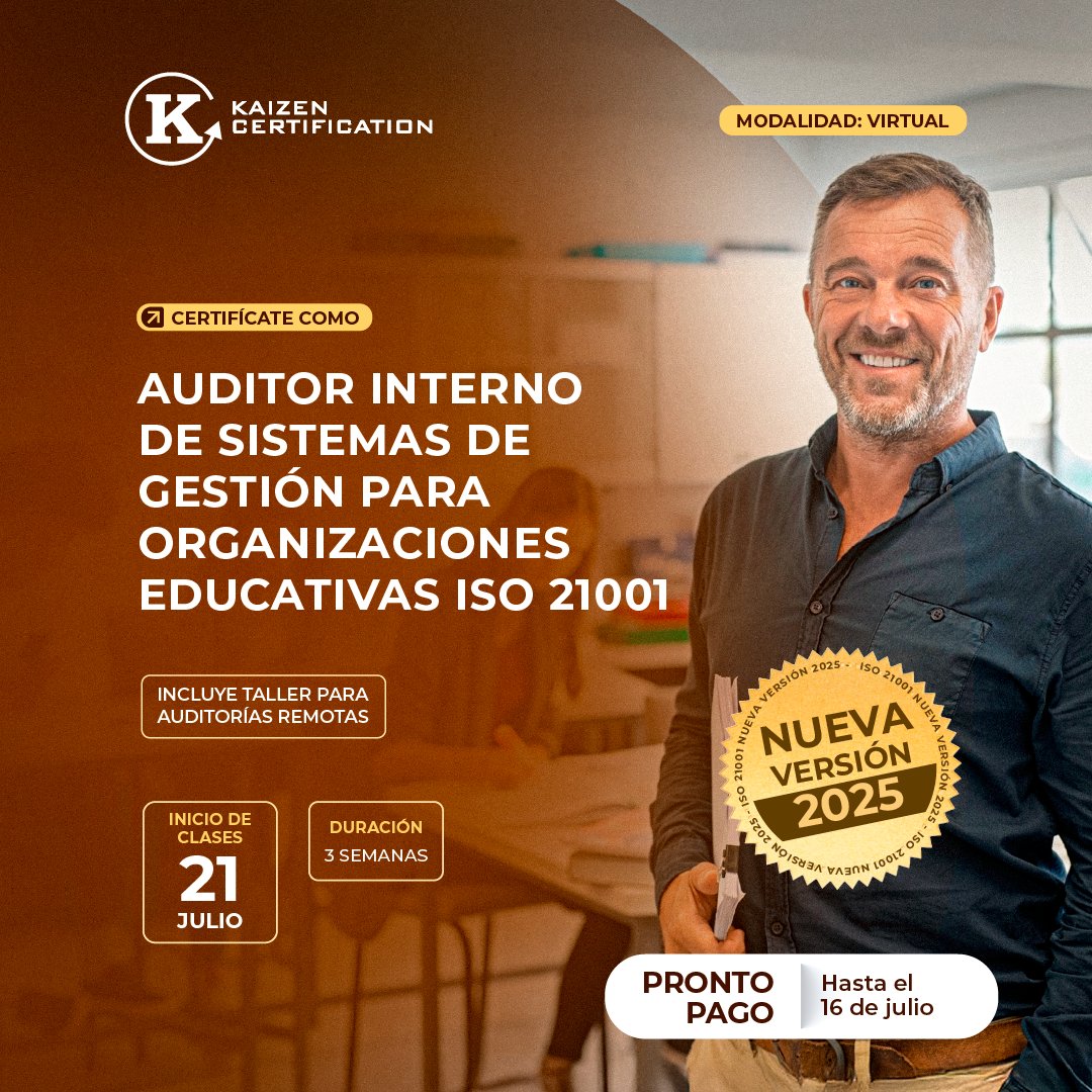 🚨 ¡CERTIFÍCATE con la NUEVA VERSIÓN DE LA ISO 21001:2025 como AUDITOR INTERNO DE SISTEMA DE GESTIÓN PARA ORGANIZACIONES EDUCATIVAS ISO 21001! 🚨

✨ Contáctanos  wa.link/cpg9ik
📄 Descargar brochure  bit.ly/3HFtQbN
🎥 Video testimonios  bit.ly/2WtLHby