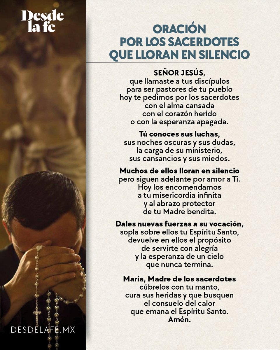 Esta oración es por cada sacerdote herido, solo… 

Hoy les decimos: ¡no están solos! Gracias por seguir de pie, los abrazamos, sepan que nuestra oracion es cercanía y consuelo.