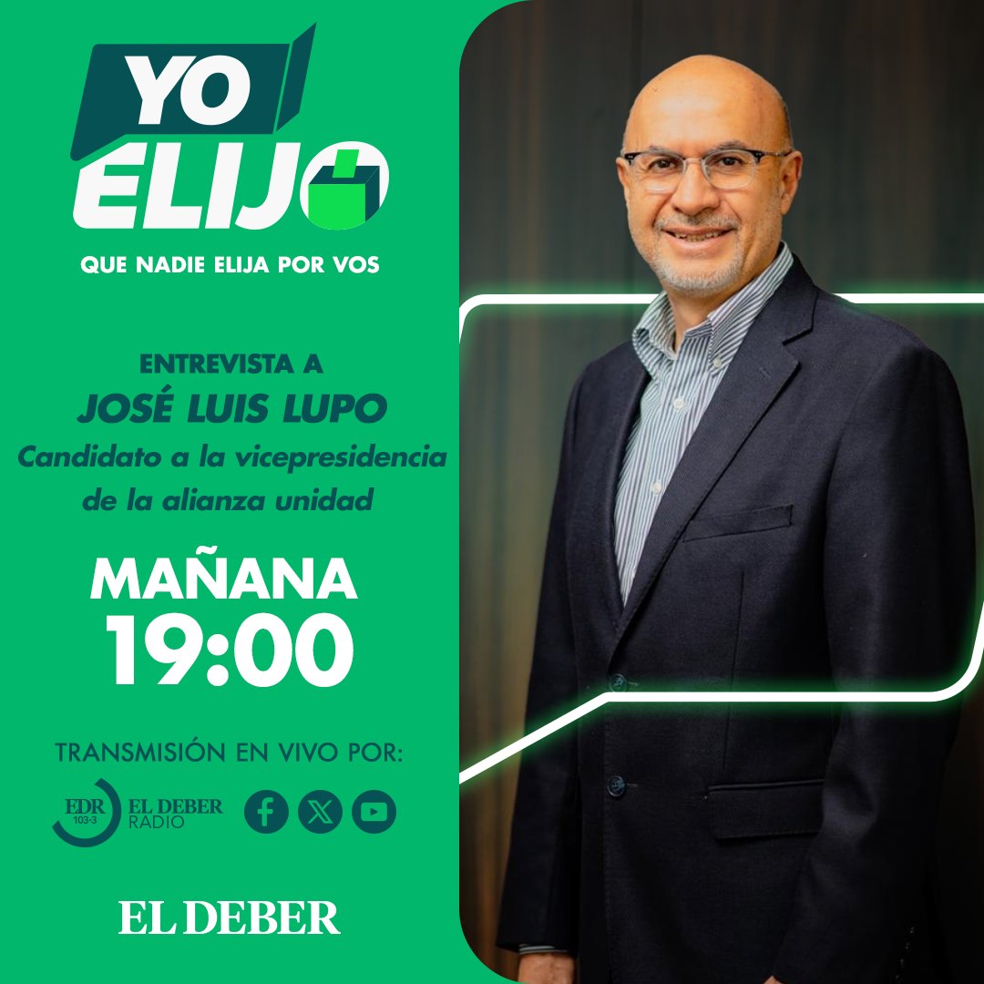 🗳️ YO ELIJO | Entrevista exclusiva
💬 Mañana recibiremos a José Luis Lupo, candidato a la Vicepresidencia por la Alianza Unidad.
📆 Miércoles | 🕖 19:00 hrs
💚 La decisión se construye con información. Vos tenés la voz. Vos tenés la elección.

📡 En vivo por:
🔗