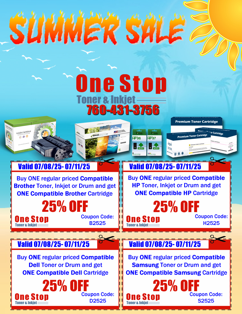 OneStopToner's tweet image. Enjoy our BOGO 25% Off Summer Sale Coupons! Please give us a call at 760-431-3756 or visit toner-inkjet.com