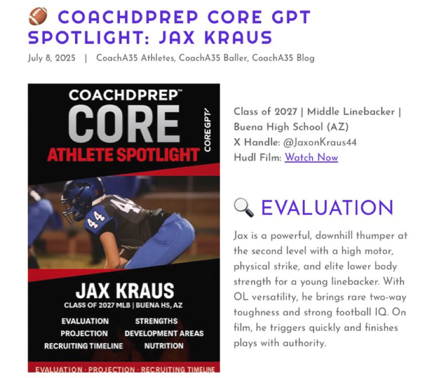 Jax Kraus (@jaxonkraus44) on Twitter photo I would like to thank Coach Anzevino <a href="/CoachA35/">Coach Anzevino</a> for selecting me as a CoachDPrep CORE Baller and featuring me as a Spotlight Athlete!!!!
Blessed and honored for the recognition!!!
<a href="/KeyPlayerNation/">KeyPlayer®️Nation</a>
<a href="/AFBALL365/">American Football 365</a>
<a href="/SunilSportsNews/">Sports News By Sunil Sunder Raj</a>
<a href="/gridironarizona/">Gridiron Arizona</a>
<a href="/sixstarfootball/">Six Star Football | PLUS+</a>
<a href="/thehonestupdate/">Hunter Tierney</a> I would like to thank Coach Anzevino <a href="/CoachA35/">Coach Anzevino</a> for selecting me as a CoachDPrep CORE Baller and featuring me as a Spotlight Athlete!!!!
Blessed and honored for the recognition!!!
<a href="/KeyPlayerNation/">KeyPlayer®️Nation</a>
<a href="/AFBALL365/">American Football 365</a>
<a href="/SunilSportsNews/">Sports News By Sunil Sunder Raj</a>
<a href="/gridironarizona/">Gridiron Arizona</a>
<a href="/sixstarfootball/">Six Star Football | PLUS+</a>
<a href="/thehonestupdate/">Hunter Tierney</a>