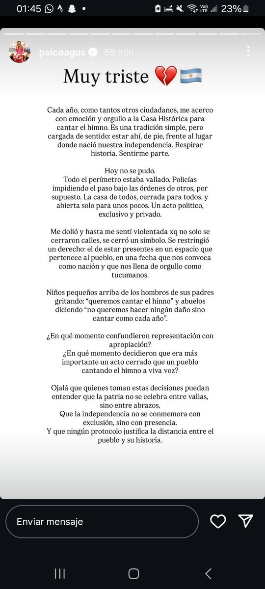 📰 "Muy triste": la influencer tucumana <a href="/psicoagustina/">PsicoAgus</a> denunció que no la dejaron ingresar a la Casa Histórica para cantar el himno como cada 9 de julio.
 "La casa de todos, cerrada para todos. Un acto exclusivo y privado. Cerraron un símbolo", expresó.