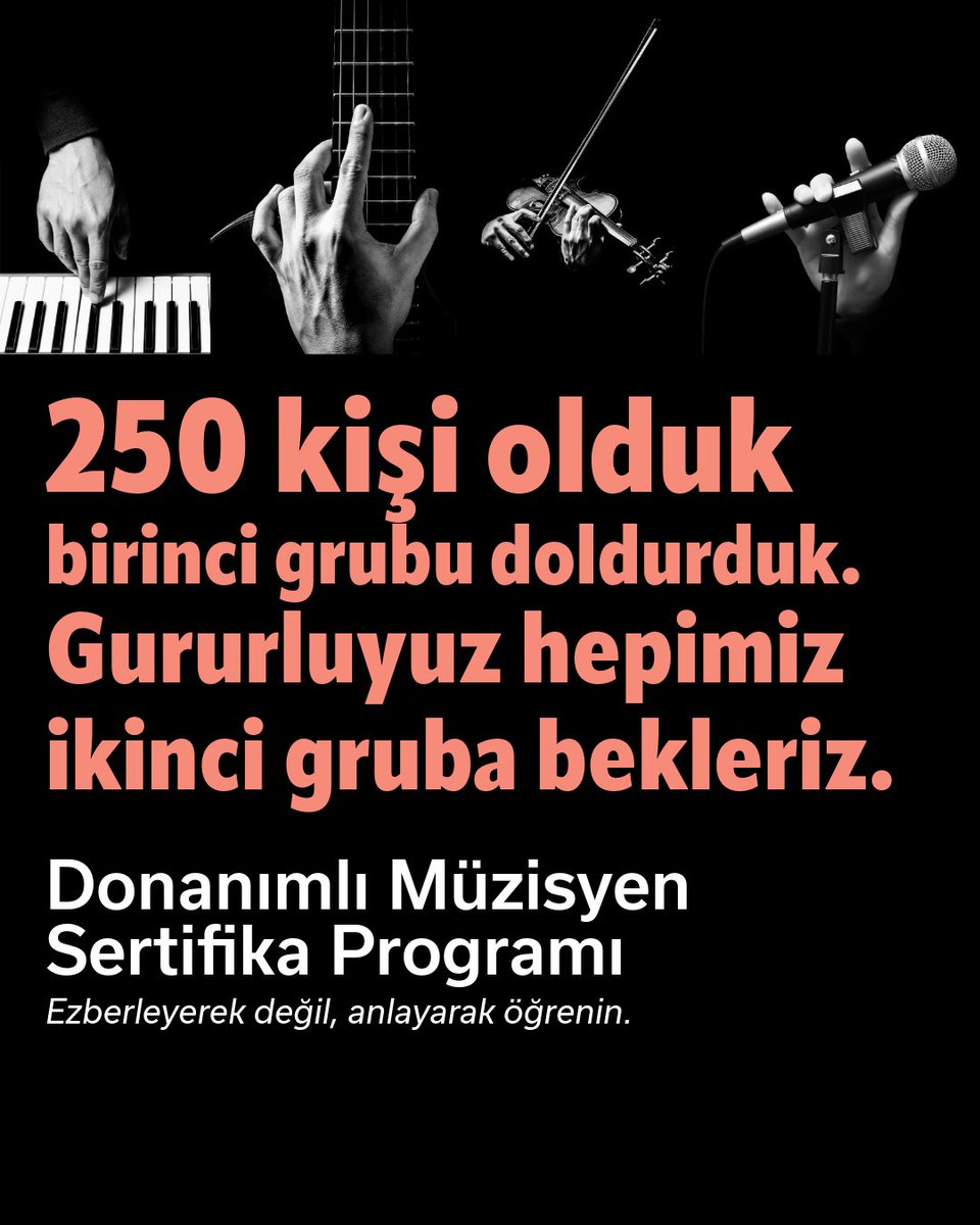 250 kişi olduk bile! 🚀 Donanımlı Müzisyen Sertifika Programı bir haftada 250 öğrenciye ulaştı. Katılan herkese sonsuz teşekkürler.

Henüz katılmamış olanlar için yeni bir grup (section) oluşturdum. Müziği ezberleyerek değil, anlayarak öğrenmek istiyorsanız, aşağıdaki linki takip