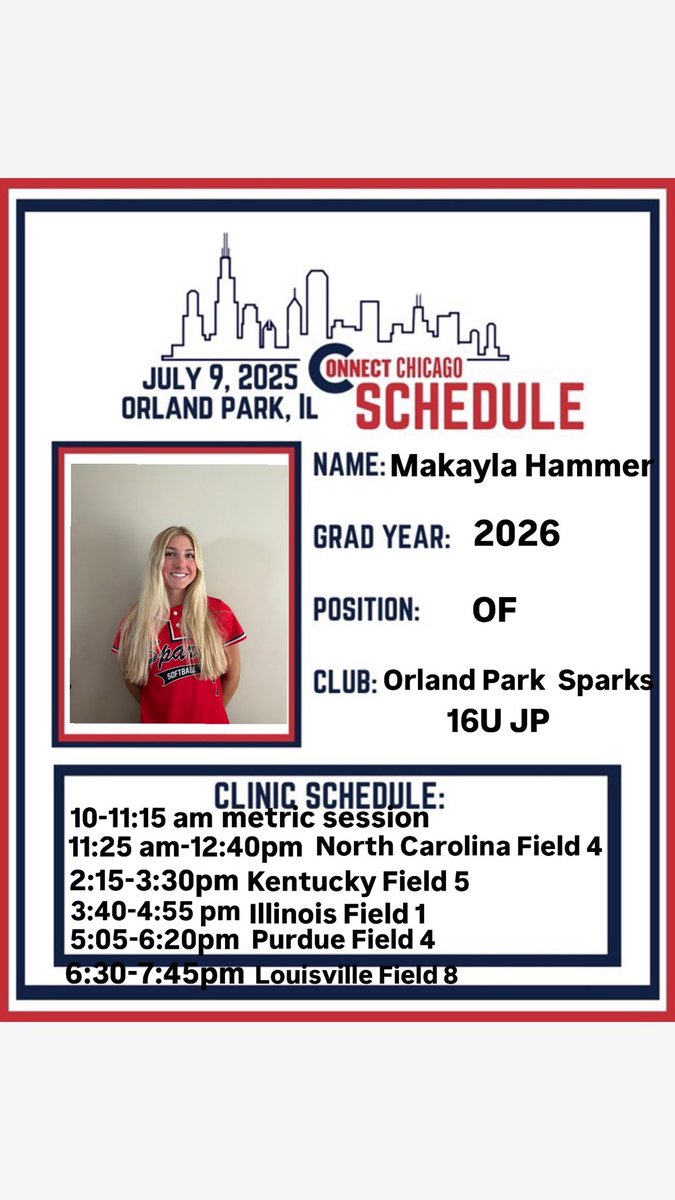Staying local this week! I will be attending the Chicago College Connect camp on Wednesday July 9th. Here is my schedule! <a href="/Sparks16uJP/">Sparks16u JP</a> <a href="/UofL_CoachHolly/">Holly Aprile</a> <a href="/TyraPerry13/">Tyra Perry</a>  <a href="/PurdueSoftball/">Purdue Softball</a>
<a href="/coachmegsmith/">Megan Smith Lyon</a> <a href="/UKCoachLawson/">Rachel Lawson</a>