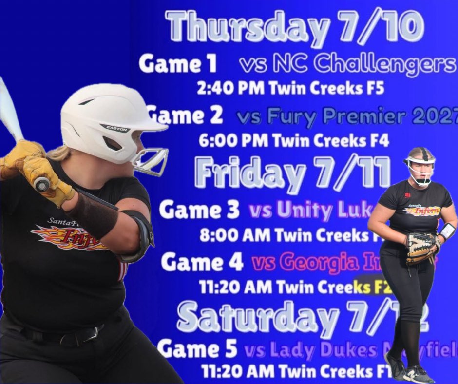 Atlanta Legacy Showcase this week! Catch <a href="/sfinferno27_28/">Santa Fe Inferno Thornton 27/28</a> and I on the field, ready to compete!

<a href="/JeffConrad10/">Jeff Conrad</a> <a href="/JAXCoachE/">Erica Ayers</a> <a href="/HolliMitchell8/">Holli Mitchell</a> <a href="/CoastRecruits/">Coast 2 Coast Recruits</a> <a href="/SBRRetweets/">Softball Recruiting Reposts</a> <a href="/TOP_D1RECRUITS/">Softball Top Preps Retweet</a>
<a href="/D1Softball/">D1Softball</a> <a href="/nxt1sports/">NXT 1</a> @Dfwsho @coach_AT <a href="/svanbrak/">Stephanie VanBrakle Prothro 🥋</a> <a href="/kayleeallen88/">Kaylee Allen</a>
<a href="/Coach_mcGuem/">Matthew Guemmer</a> <a href="/Coach_Alameda/">Lonni Alameda</a>