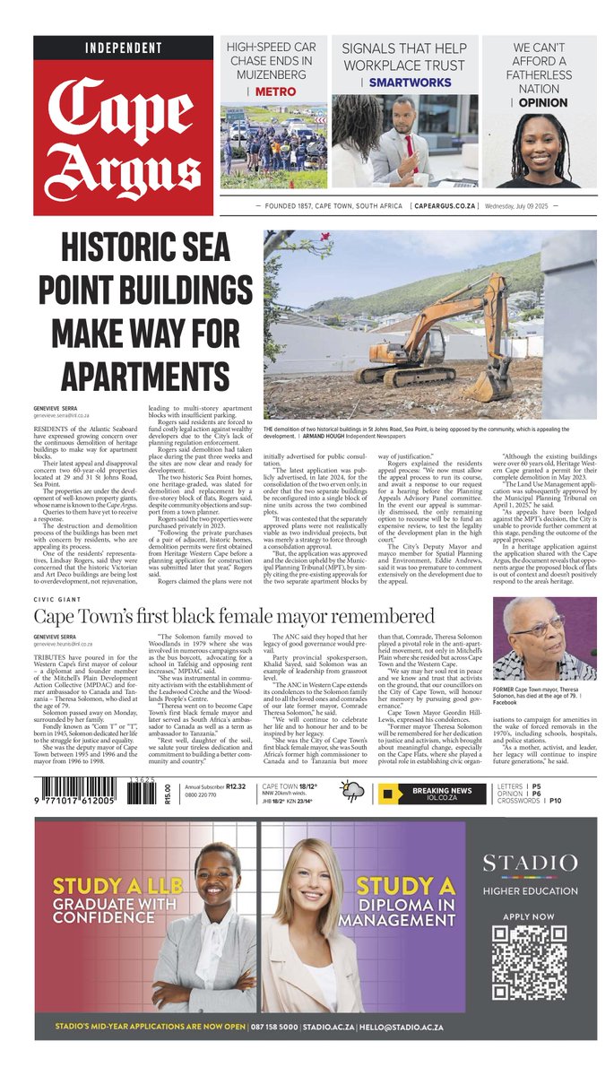 Here's a look into some of the leading stories inside the Cape Argus today:

🗞️How the Phala Phala scandal complicates Ramaphosa's stance on Police Minister Mchunu
🗞️Dramatic chase leads to rescue of injured pony
🗞️Boundary wall tussle ends in payout, not demolition