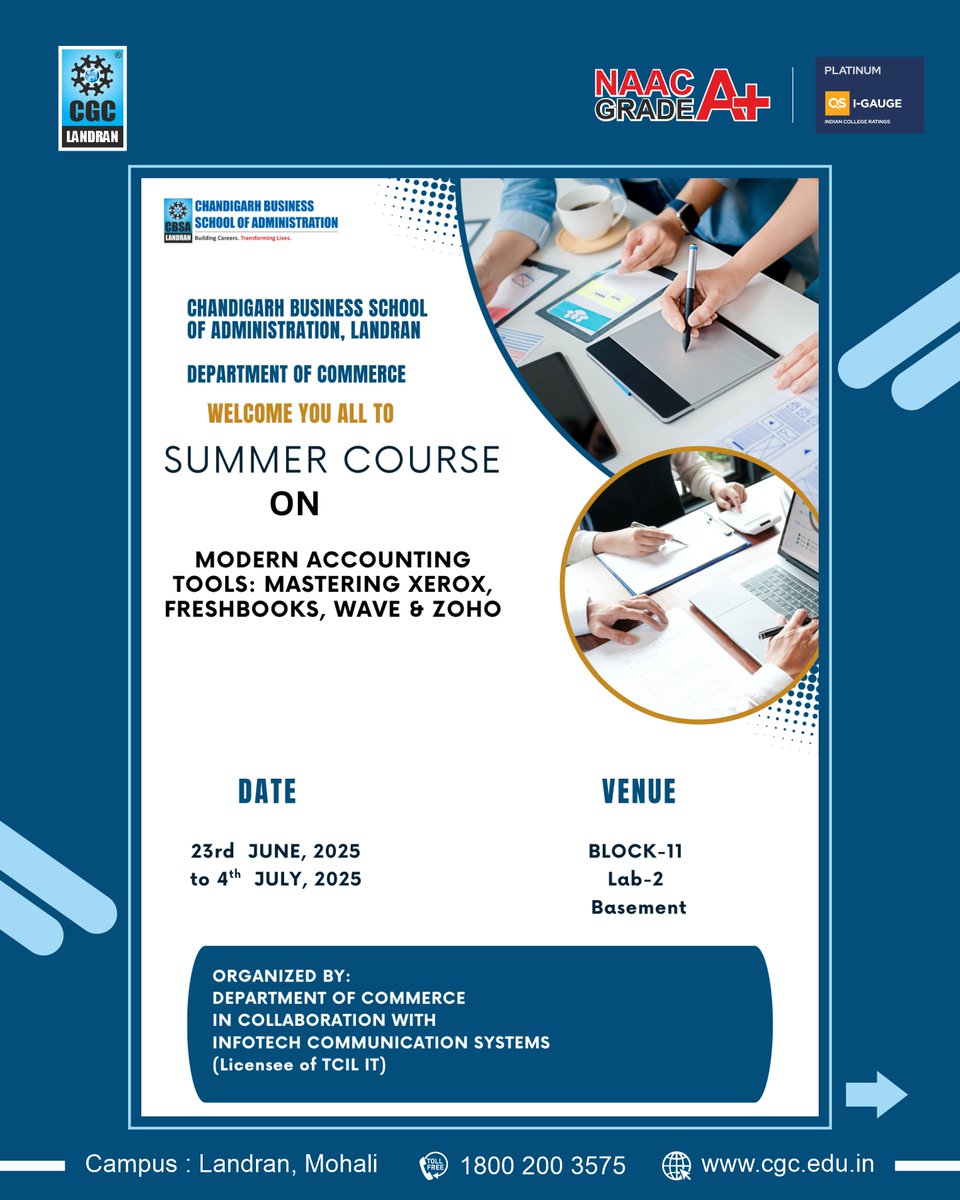 CGCPunjab's tweet image. CHANDIGARH BUSINESS SCHOOL OF ADMINISTRATION: Department of Commerce: 2-Week Summer Course Successfully Concluded!
“Modern Accounting Tools: Mastering Xerox, FreshBooks, Wave &amp;amp; Zoho”
#CBSA #ModernAccounting #FinanceTools #QuickBooks #Zoho #Wave #CommerceAtCBSA #SummerCourse2025