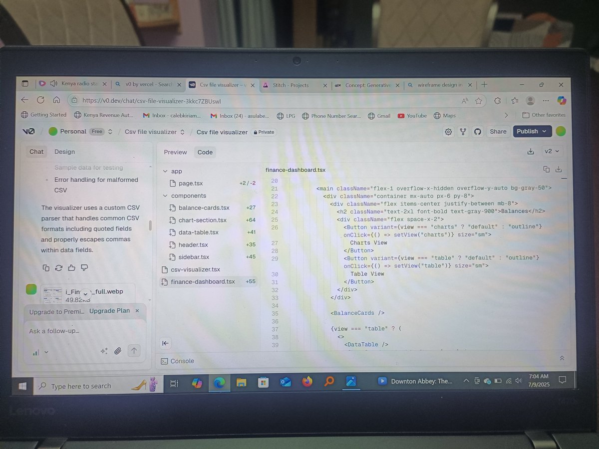 calebkiriama's tweet photo. Week 3, day 3, Built UIs using https://t.co/9F8SNuysBm by Vercel.
- Generated UIs from wireframes and prompts
- Built a CSV visualizer app
AI just redefined frontend dev!

https://t.co/aqTYBW4uxO https://t.co/j8Cdaobkg4