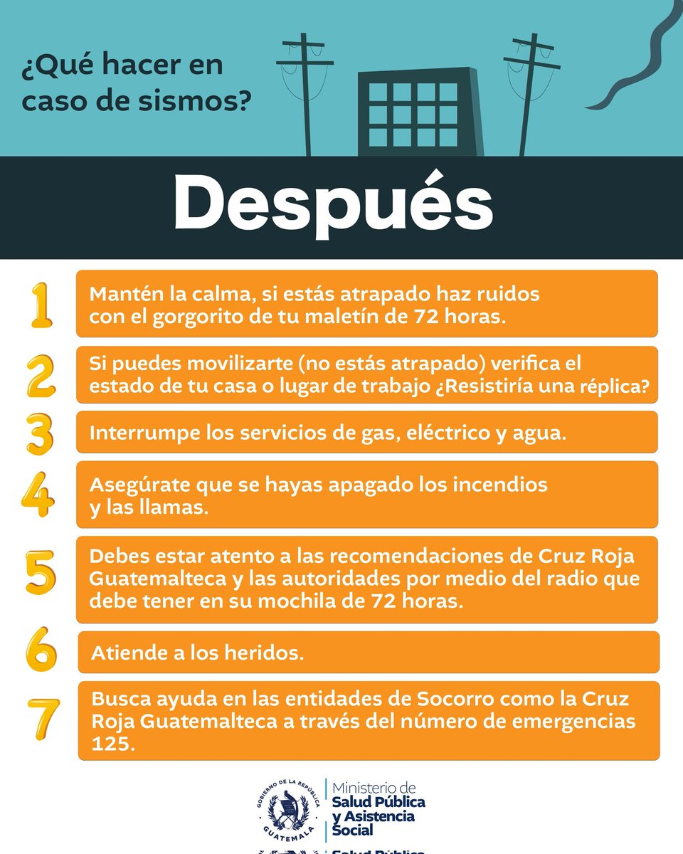 📢 Hoy se han registrado varios sismos en Guatemala.

⚠️ Mantente alerta, prepara tu 🎒 mochila de emergencia y sigue estas recomendaciones.

✅ La prevención salva vidas.