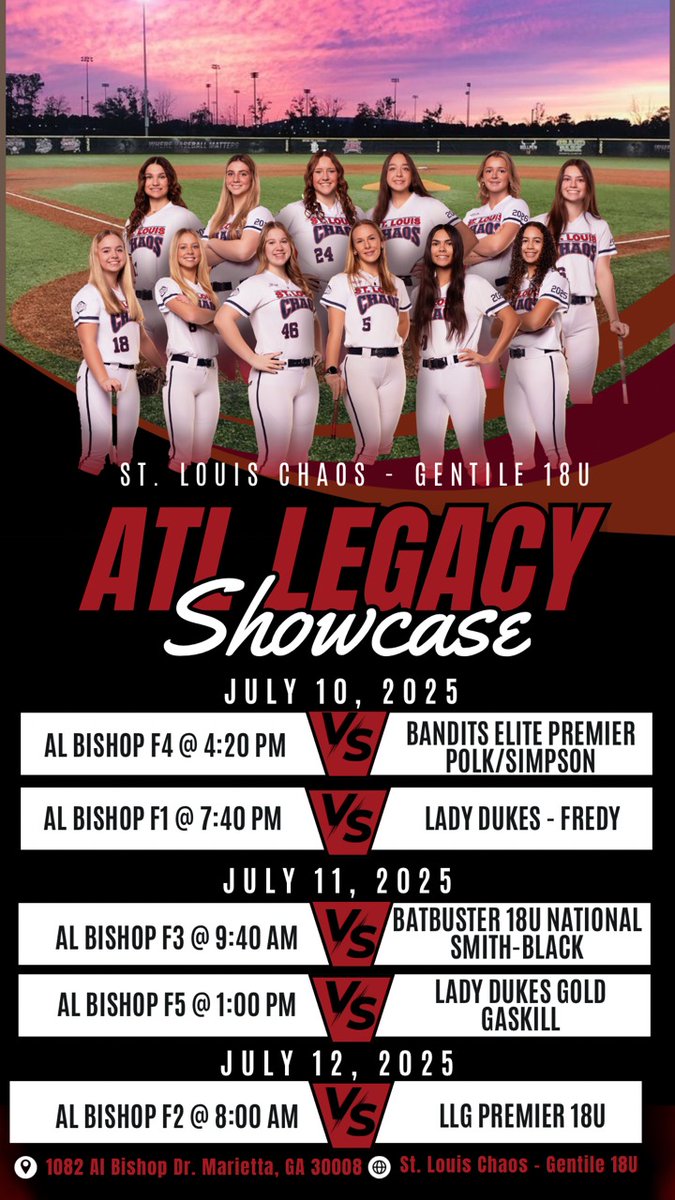 Atlanta Legacy Showcase starts Thursday  at 4:20 pm.  If you can't be there in person catch us on GC at "St Louis Chaos Gentile 18u" for live video stream and game stats. #ChaosUKnow #HustleHard <a href="/StLChaos/">StL Chaos</a>
<a href="/legacyshowcase1/">Atlanta Legacy Showcase</a> <a href="/ExtraInningSB/">EXTRA INNING SOFTBALL</a> <a href="/BallGirlSports/">BallGirlSports</a>
<a href="/CoastRecruitsSB/">Coast Recruits 🥎</a>