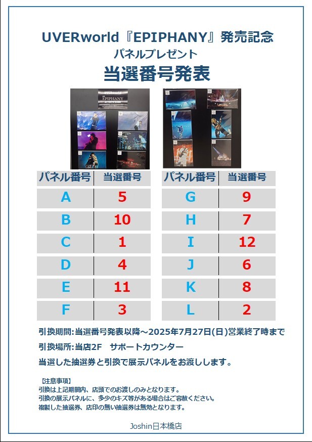 UVERworld EPIPHANY 当選パネル UVERworld「EPIPHANY」発売記念､展示パネル抽選プレゼント､当選番号
