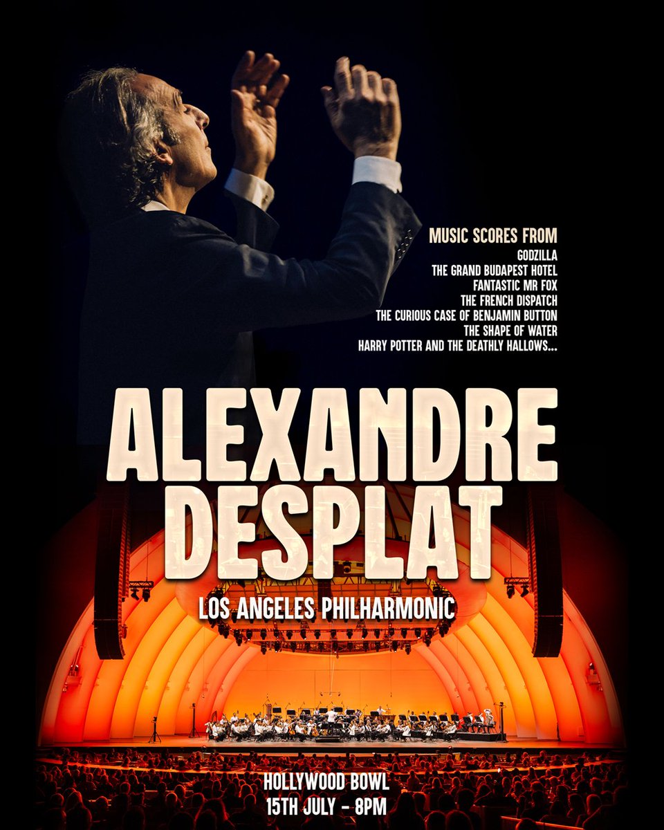 HollywoodBowl's tweet image. The @latimes says, "In a town too often filled with generic, factory-farmed scores, his were like a gourmet French meal."
From "The Grand Budapest Hotel" and "The Shape of Water" to "The Phoenician Scheme" and "Jurassic World: Rebirth," Alexandre Desplat has composed for both…