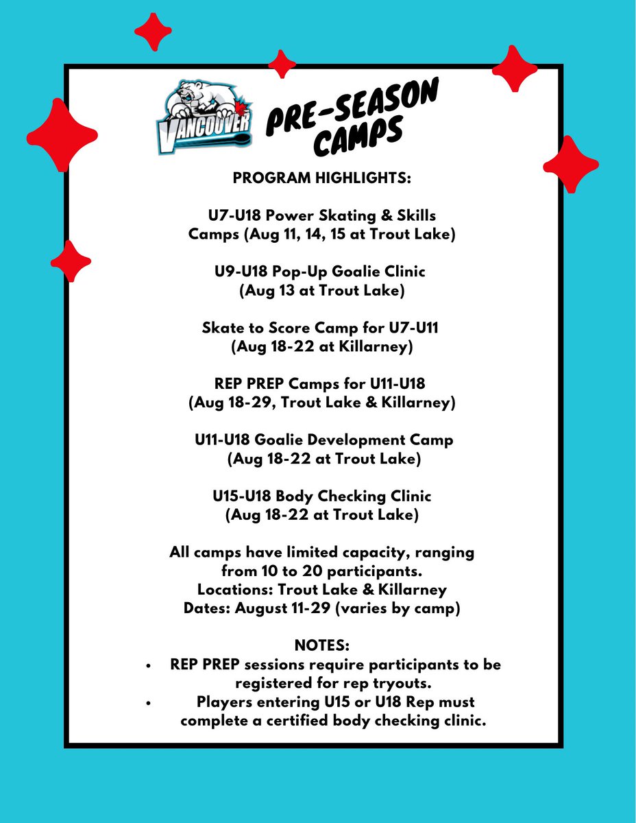 Register now for VMHA’s Pre-Season Camps!💥 Join us throughout the month of August to sharpen your hockey skills before the season starts! 🏒💪🏼

🔗 vmha.com/vmha-2025-pre-…

#VMHA #vanminorhockey #bchockey #minorhockey #preseasoncamps #hockeycamps #reptryouts #hockeygoalies
