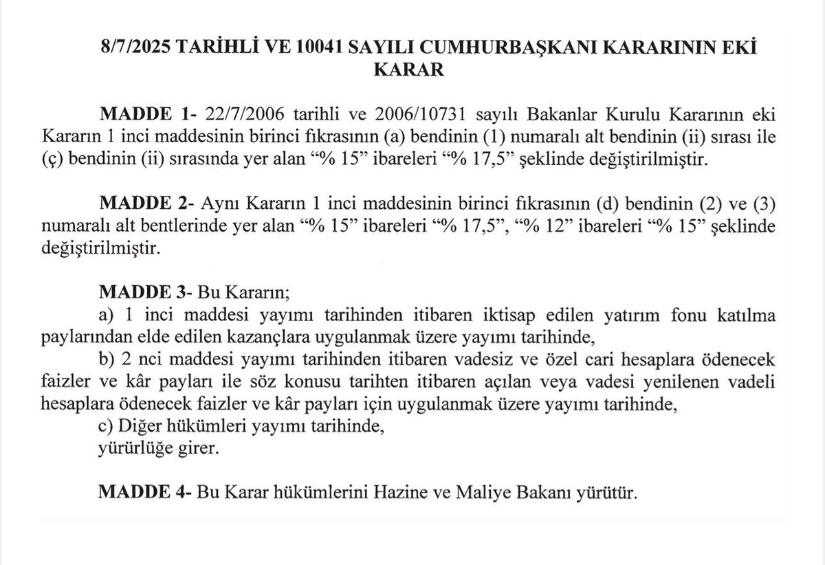 Beklenmedik bir stopaj artışı📌

🚨Yatırım fonlarında ve 6 aya kadar mevduatta stopaj %15'ten %17,5'a yükseltildi. 🚨

Bu noktada önemli noktaları vurgulayalım;
📍Eski Fonlarınızda Stopaj Hala Düşük, Yeni Alınan Fonlara Yeni Oran Tabi: Stopaj kararı yeni alınacak fonlar için