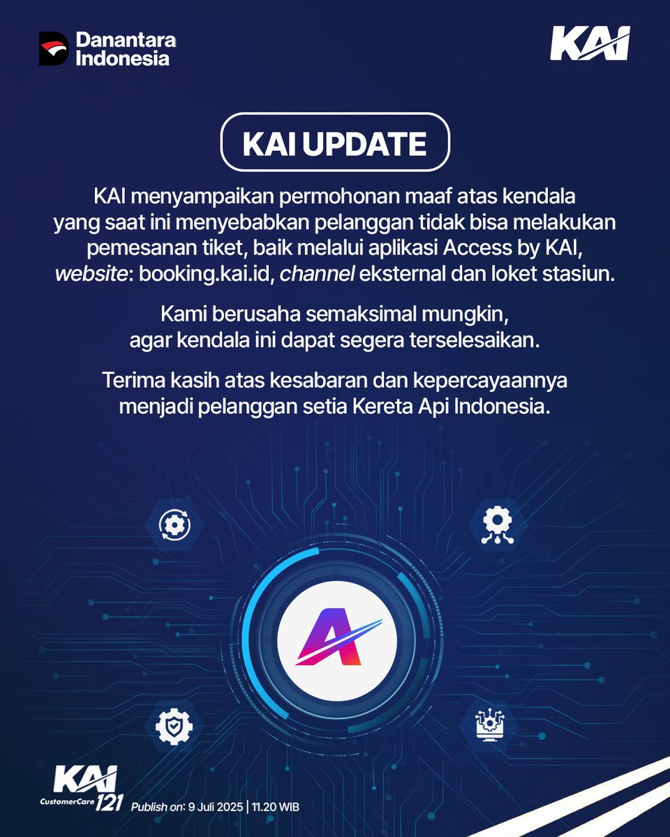 Kereta Api Indonesia (@kai121) on Twitter photo ๐๐ป๐ณ๐ผ๐ฟ๐บ๐ฎ๐๐ถ ๐๐ฎ๐ป๐ด๐ด๐๐ฎ๐ป ๐ฃ๐ฒ๐บ๐ฒ๐๐ฎ๐ป๐ฎ๐ป ๐ง๐ถ๐ธ๐ฒ๐ ๐๐ฒ๐ฟ๐ฒ๐๐ฎ ๐๐ฝ๐ถ
Kami memohon maaf atas kendala yang terjadi saat ini, yang menyebabkan gangguan pada pemesanan tiket kereta api.
Kendala ini berdampak pada semua saluran penjualan tiket, baik melalui ๐๐ป๐ณ๐ผ๐ฟ๐บ๐ฎ๐๐ถ ๐๐ฎ๐ป๐ด๐ด๐๐ฎ๐ป ๐ฃ๐ฒ๐บ๐ฒ๐๐ฎ๐ป๐ฎ๐ป ๐ง๐ถ๐ธ๐ฒ๐ ๐๐ฒ๐ฟ๐ฒ๐๐ฎ ๐๐ฝ๐ถ
Kami memohon maaf atas kendala yang terjadi saat ini, yang menyebabkan gangguan pada pemesanan tiket kereta api.
Kendala ini berdampak pada semua saluran penjualan tiket, baik melalui