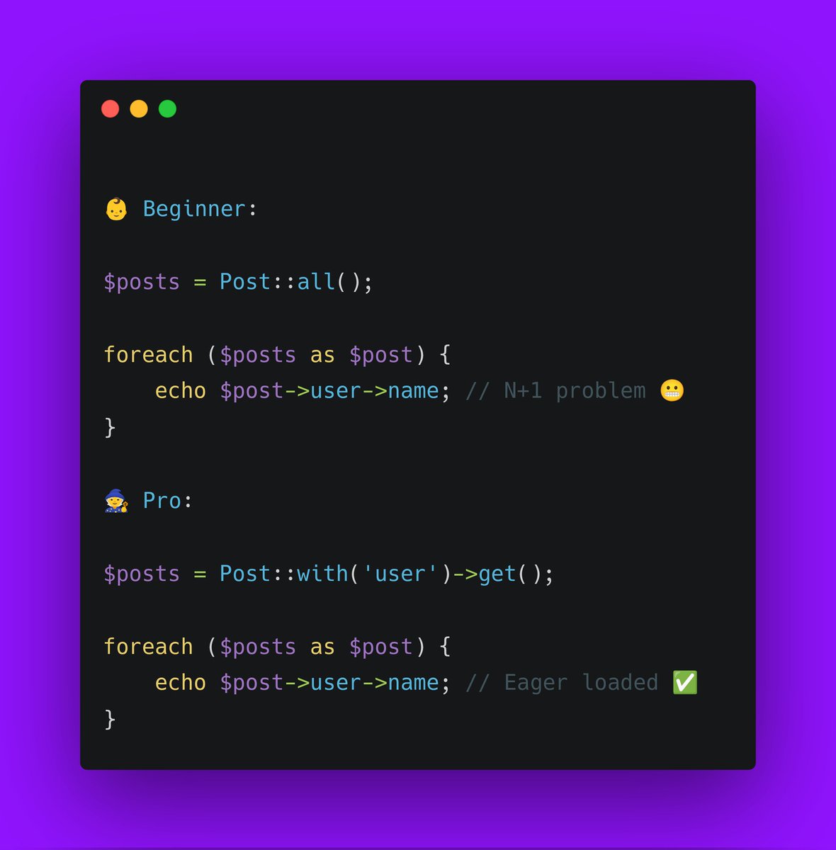 LaravelBrew's tweet image. 💡Beginner vs Pro when loading relationships
#Laravel #LaravelTips #Eloquent #NPlusOne #PHP #LaravelBrewery