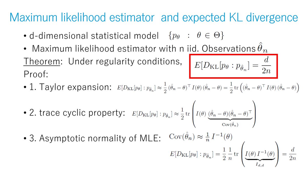 Theorem #OTD:

The expected Kullback-Leibler divergence between the true d-dimensional model and the model at the maximum likelihood estimate is d/(2n)

(Under regularity condition)

tinyurl.com/ElementaryIG

extends to f-divergences... tinyurl.com/fdivTaylorChi