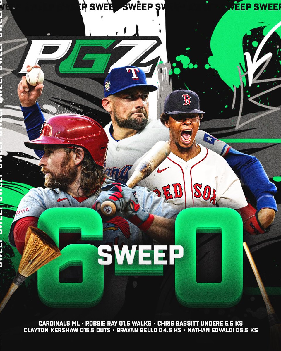 $250 TO A FOLLOWER WHO LIKES❤️

CLEAN 6-0 SWEEEP!! 🧹🧹🧹

GET TF IN ASAP➡️ dubclub.win/r/PropGeekZeke/

STL Cards ML✅
Robbie Ray Over 1.5 Walks✅
Chris Bassitt Under 5.5 Strikeouts✅
Clayton Kershaw Over 15.5 PO✅
Brayan Bello Over 4.5 Strikeouts✅
Nathan Eovaldi Over 5.5