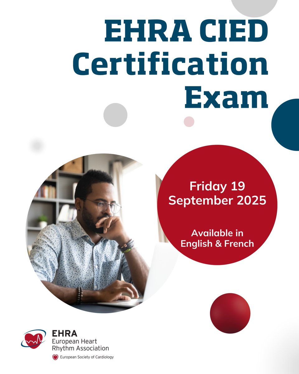EHRAPresident's tweet image. Attention #EPeeps 🚨
Mark your calendars 📅 for #EHRA_ESC #EHRA_certification
19 Sep 2025: CIED/AP exams (English, French, Dutch)
26 Sep 2025: EP & EP/AP (English)
Register by 4 or 11 Sep—slots fill fast! 🔗bit.ly/44sWAMk
Do not forget, if you attended either the…