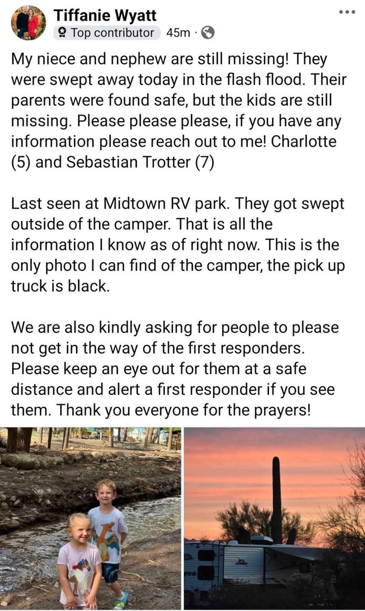 BREAKING: Two children are missing after being swept away by the flash flood in Ruidoso, New Mexico, earlier this afternoon. The parents were found, but the kids are still missing. They were last seen at Midtown RV Park.

This is just so sad. First Texas and now New Mexico. We do