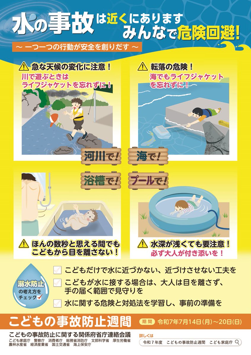 caa_kodomo's tweet image. 【こどもの事故防止週間が始まります】
7月14日～20日は「こどもの事故防止週間」。「水の危険は近くにあります、みんなで危険回避！」をスローガンに、ポスターやSNSなどにより集中的に呼び掛けていきます。
詳しくはこちら→
caa.go.jp/policies/polic…
#こどもの事故防止週間
cfa.go.jp/policies/child…