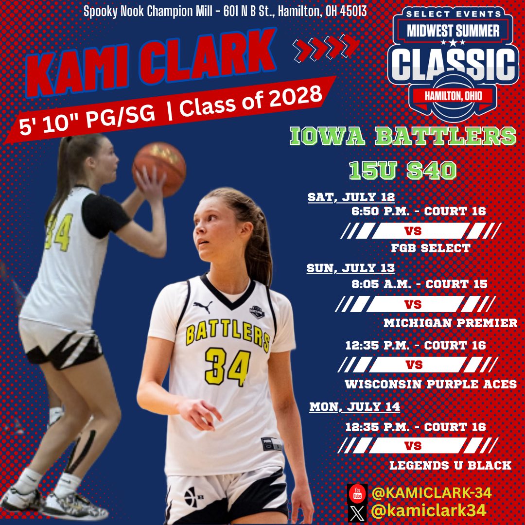Kami Clark (@kamiclark34) on Twitter photo Hereโs my schedule for this weekend in Ohio! I am excited to compete with my teammates!! Come check us out!
<a href="/BBallPaul32/">Coach Paul</a> <a href="/PGHBrooks/">Jeremy Brooks</a> <a href="/SelectEventsBB/">Select Events Basketball</a> <a href="/JrAllStarBB/">Jr. All-Star Girls Basketball</a> <a href="/nxt1sports/">NXT 1</a> <a href="/BattlersBball/">Iowa Battlers</a> Hereโs my schedule for this weekend in Ohio! I am excited to compete with my teammates!! Come check us out!
<a href="/BBallPaul32/">Coach Paul</a> <a href="/PGHBrooks/">Jeremy Brooks</a> <a href="/SelectEventsBB/">Select Events Basketball</a> <a href="/JrAllStarBB/">Jr. All-Star Girls Basketball</a> <a href="/nxt1sports/">NXT 1</a> <a href="/BattlersBball/">Iowa Battlers</a>