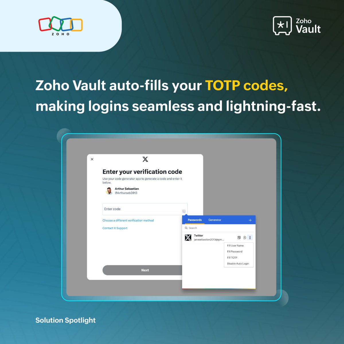 ZohoVault's tweet image. Make logging in easier than ever! With Zoho Vault, your #TOTP codes are automatically filled, keeping your accounts secure and your time saved. 💪
🔗 Learn more here: zurl.co/uyptK
#SolutionSpotlight #DoMoreWithZohoVault #Autofill