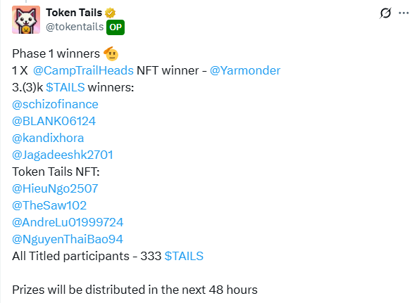 TheSaw102's tweet photo. 🎉 The first Big thanks to Token Tails @tokentails for hosting such a fun event!
I also want to say congratulations to all the Phase 1 winners – you truly deserved it ❤️
Especially to everyone who scored NFTs and $TAILS – enjoy your rewards! 🌟
Phase 2 has officially started! The Codex is here – let’s protect the cats together and earn more $TAILS!
Don’t miss the chance to join the community!
Link: https://t.co/Rl8ji2BCB2
#tokentails #TAILS @Amax_Tran @LeeLy102 @CampTrailHeads @campnetworkxyz