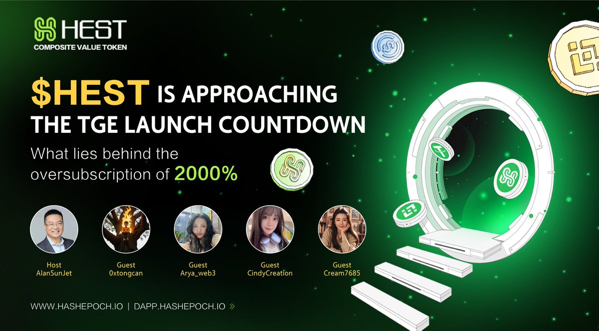📢 Space  Alert!
Topic: $HEST is approaching the TGE launch countdown. What lies behind the oversubscription of 2000%?

🗓 Time: July 9, 11:00 UTC
🎙 Host: AlanSunJet
👥 Guests: 
<a href="/CindyCreation/">Cindy胖迪🥰</a> 
<a href="/Arya_web3/">Arya@羊姐社区</a> 
<a href="/0xtongcan/">0x桐灿</a> 
@Craeam7685

🔗x.com/i/spaces/1nAKE…
Turn on your