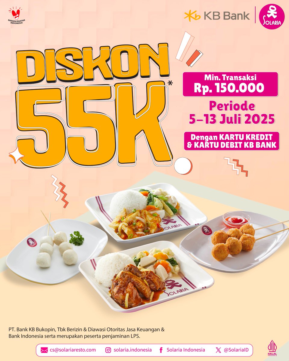 SolariaID's tweet photo. Daripada bingung cari makan, mending ke Solaria aja
Mumpung ada diskon 55rb pakai Kartu Kredit & Debit KB Bank. Jangan sampai ketinggalan ya!
*Syarat & ketentuan berlaku
*Minimal transaksi 150rb (Sebelum PB1)
*Periode s.d 13 Juli 2025
.
#Solaria #Solariaresto #Solariaindonesia https://t.co/bh2rGNmQ1r