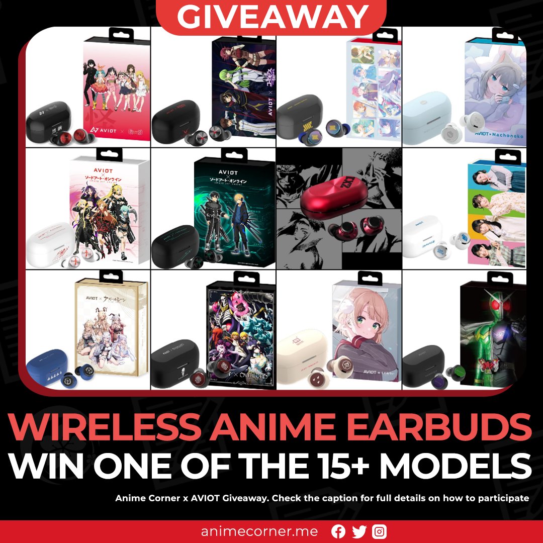 Anime Corner (@animecorner_ac) on Twitter photo 🎁 GIVEAWAY: Win a pair of anime earbuds by AVIOT, featuring original lines from your favorite characters!
🌍 Open worldwide!
📝 TO ENTER:
- Follow <a href="/animecorner_ac/">Anime Corner</a>
- Follow <a href="/AVIOT_JP/">AVIOT JAPAN</a>
- Comment which pair you want in case you win (available options below)
⏰ Ends July 12 at 🎁 GIVEAWAY: Win a pair of anime earbuds by AVIOT, featuring original lines from your favorite characters!
🌍 Open worldwide!
📝 TO ENTER:
- Follow <a href="/animecorner_ac/">Anime Corner</a>
- Follow <a href="/AVIOT_JP/">AVIOT JAPAN</a>
- Comment which pair you want in case you win (available options below)
⏰ Ends July 12 at