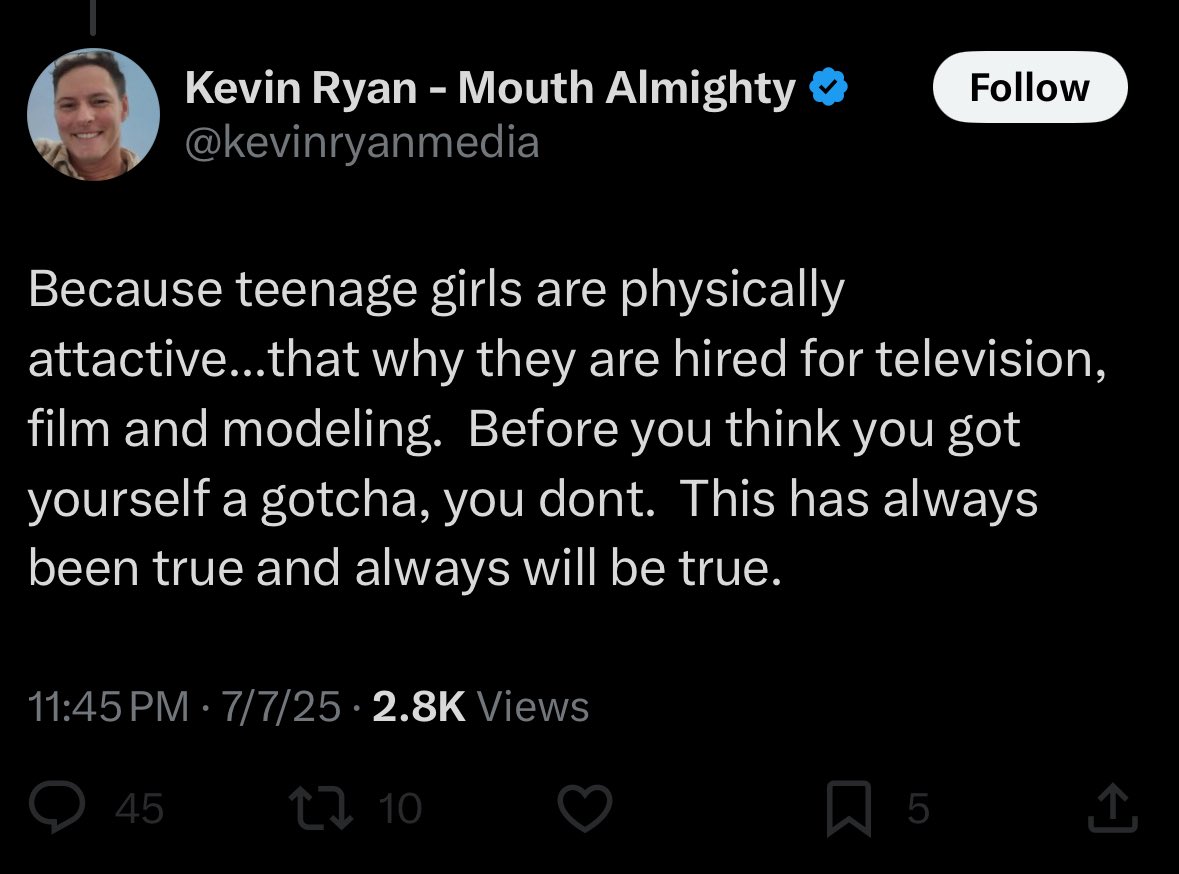 This is sick stuff. <a href="/FBI/">FBI</a> this man has spent the day defending Epstein and claiming he believes teenage girls are attractive and those who ended up on the island should have known they’d be raped.