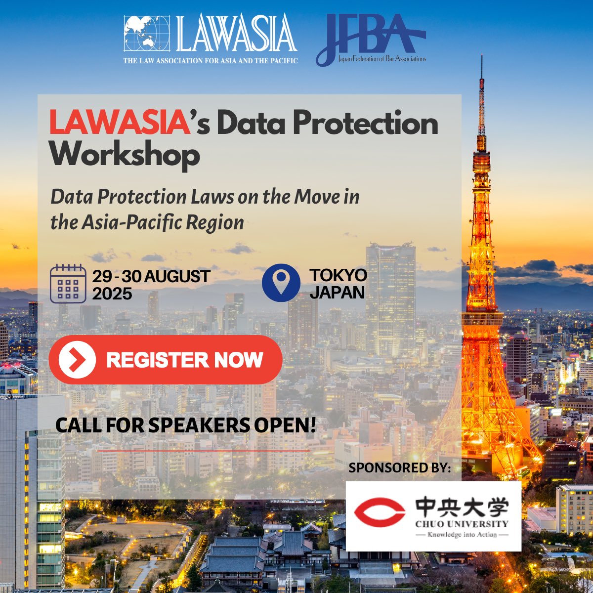 📢 Join us in Tokyo for LAWASIA &amp; JFBA’s Data Protection Workshop

🗓️ 29–30 Aug 2025 | Tokyo, Japan
🎤 Call for Speakers now open
✅ Free registration available: lawasia.asn.au/data-protectio…

#PrivacyLaw #CallForSpeakers #Tokyo2025 #LegalWorkshop