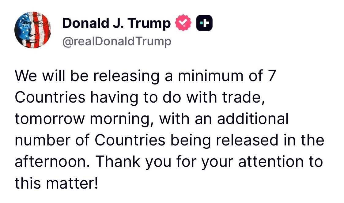 Mohsin Ali (@mohsin_71) on Twitter photo Let's see how Financial Markets will react....
President Trump to make trade announcements for at least 7 countries tomorrow morning.
Finger crossed 🤞
<a href="/DonaldTrump/">Donald J. Trump</a> #Donald_Trump Let's see how Financial Markets will react....
President Trump to make trade announcements for at least 7 countries tomorrow morning.
Finger crossed 🤞
<a href="/DonaldTrump/">Donald J. Trump</a> #Donald_Trump