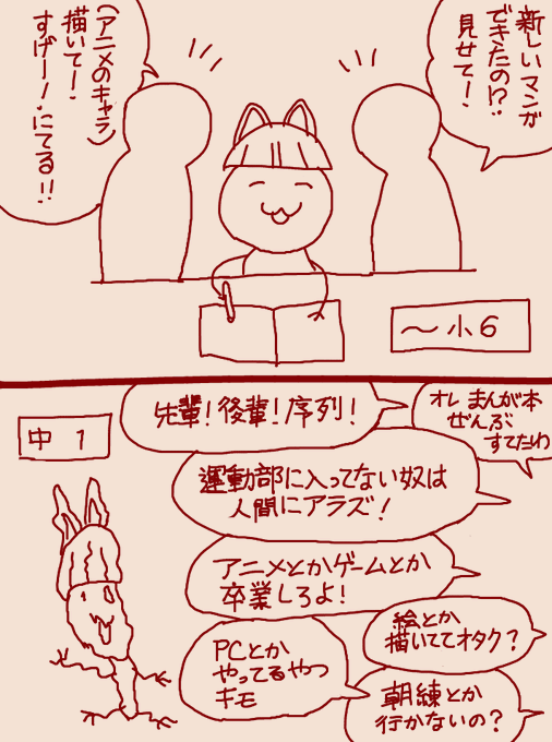 すごい昔&プチ田舎だったので 小6→中1の周囲の変わり様がこんな感じで 高3まで絵を辞めてしまったのが悔やまれる その6年間描き続けていれば今よりマシだったかもしれない いやそれはないかw