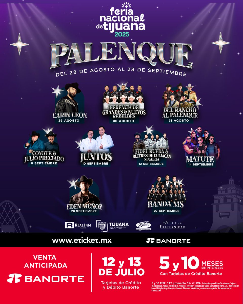 🎉 ¡La Feria Nacional de Tijuana 2025 viene con todo! 🎶
Prepárate para vivir noches inolvidables en el Palenque, con artistas de primer nivel 🔥
VENTA ANTICIPADA BANORTE - 12 y 13 julio - 11:00 am ❤️
VENTA GENERAL - 14 julio - 11:00 am 😎👈🏻
Eticket.mx 🎟️