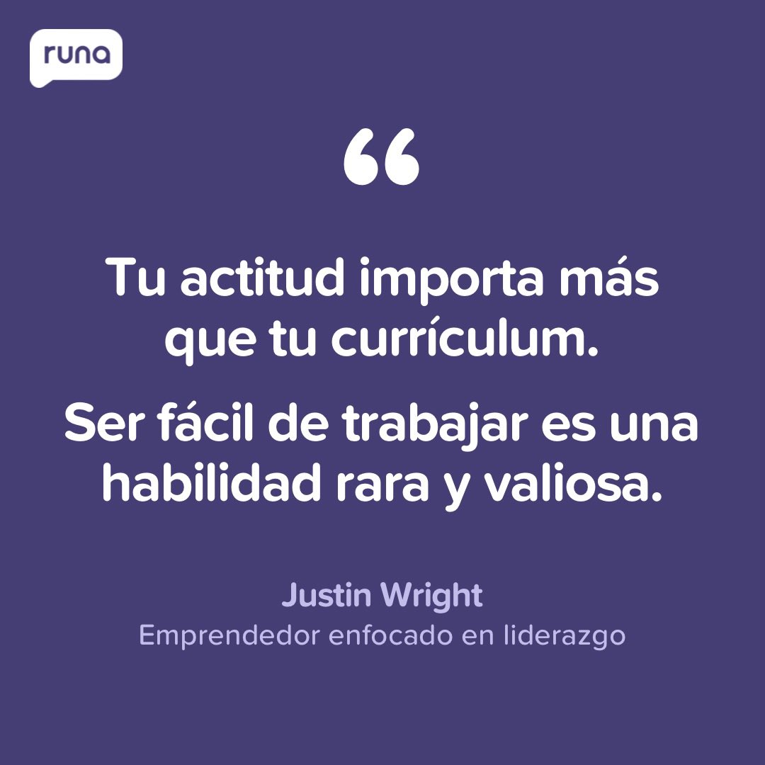 Ser alguien con quien da gusto trabajar es una habilidad poderosa que no siempre se enseña, pero siempre se nota.
Tu currículum abre la puerta.
Tu actitud te mantiene dentro.

— Justin Wright

#RunaHR #RRHH #recursoshumanos #liderazgo #habilidadesblandas #trabajoenequipo