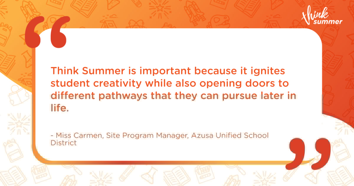 Think Together (@thinktogether) on Twitter photo Think Summer combines fun and education to give students a well-rounded experience! 😊
We committed to ensuring all students get a summer full of play, learning and lasting memories! 🌞👏
<a href="/AzusaUnifiedSD/">Azusa Unified SD</a>
#ThinkSummer #Summer #StudentImpact #Education #California #Nonprofit Think Summer combines fun and education to give students a well-rounded experience! 😊
We committed to ensuring all students get a summer full of play, learning and lasting memories! 🌞👏
<a href="/AzusaUnifiedSD/">Azusa Unified SD</a>
#ThinkSummer #Summer #StudentImpact #Education #California #Nonprofit