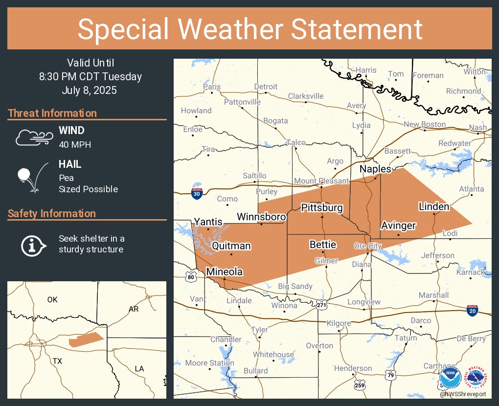 A special weather statement has been issued for Mineola TX, Pittsburg TX and  Winnsboro TX until 8:30 PM CDT