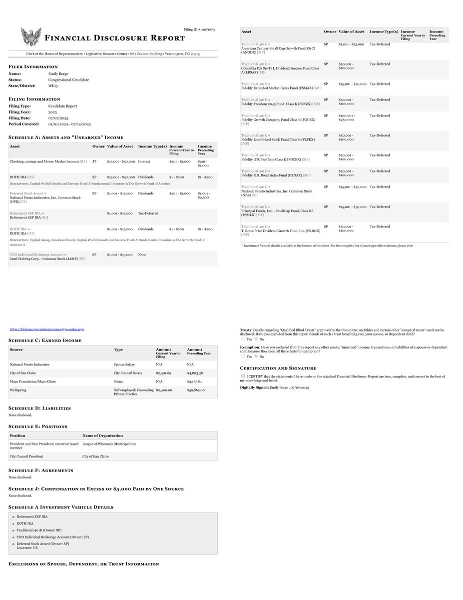 NEW HOUSE CAND FINANCIAL DISCLOSURE
CANDIDATE REPORT
Emily Berge
#WI03
disclosures-clerk.house.gov/public_disc/fi…