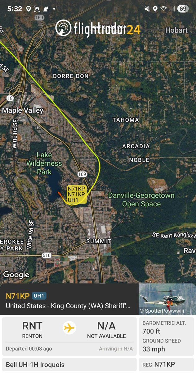 Borrowed7Time's tweet photo. King Co WA:
Puget Sound RFA is on scene of a vegetation fire in Maple Valley. King Co Sheriff UH-1H N71KP #A97AA3 as Guardian Two has arrived to make water drops.
@sipjack1776 @Wa_fire_watch https://t.co/srXWwdVKm0