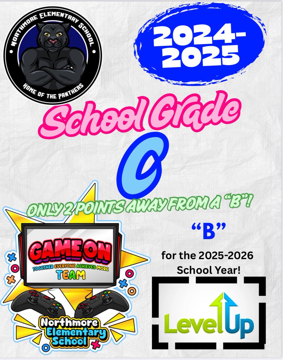 Cory A. Heath-Friess (@cfriesspbc) on Twitter photo I am proud to announce that <a href="/NorthmoreElem/">Northmore Elementary School</a> earned a letter grade of a “C” this school year! Not only did we have 73 new students this past school year, but we were only 2 points from a “B”! It’s GAME ON for SY26 so that we earn a “B” once again! I am proud to announce that <a href="/NorthmoreElem/">Northmore Elementary School</a> earned a letter grade of a “C” this school year! Not only did we have 73 new students this past school year, but we were only 2 points from a “B”! It’s GAME ON for SY26 so that we earn a “B” once again!